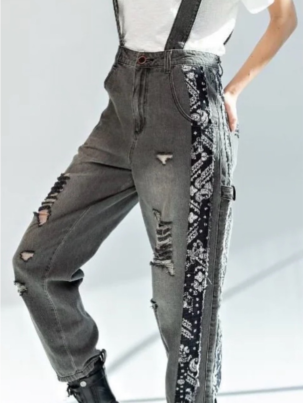Easel Suspended Overall Distressed Jeans with Bandana Side Panel